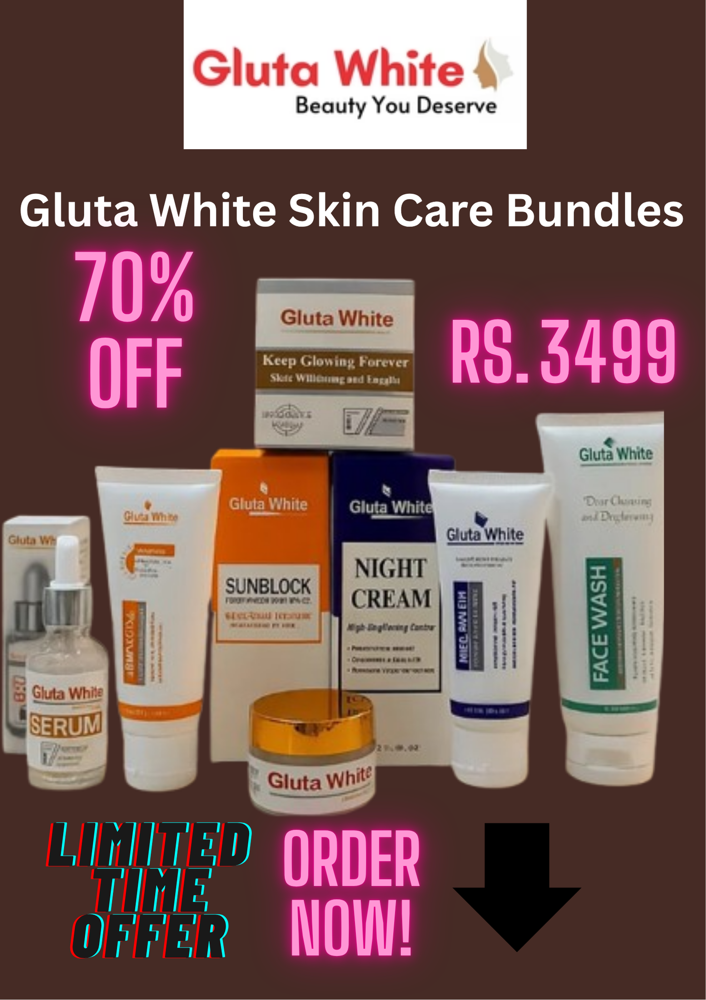 Glutawhite 5In1 Deal (Nightcream+Sunblock+Serum+whiteningcream+Facewash)
