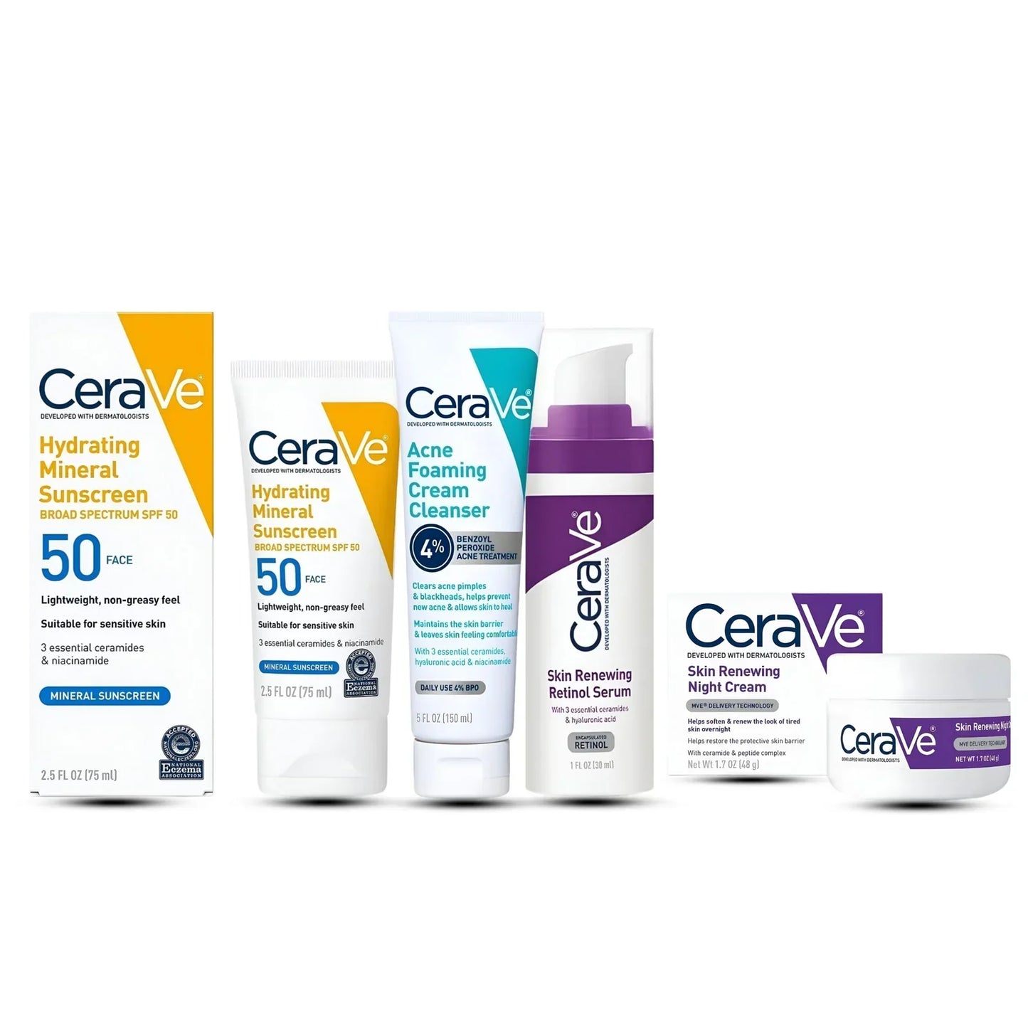 CERAVE 4-in-1 Skincare Kit | Cleanser, Night Cream, Retinol Serum & Sunscreen