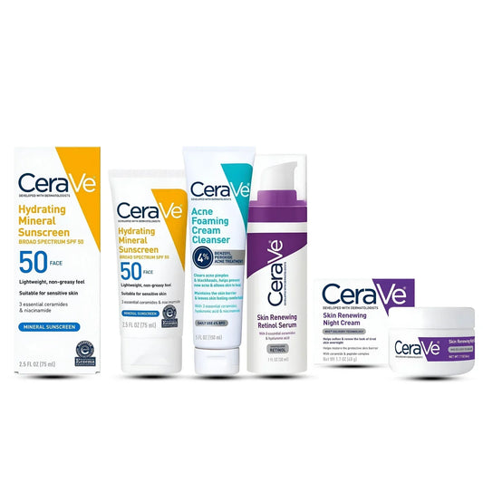 CERAVE 4-in-1 Skincare Kit | Cleanser, Night Cream, Retinol Serum & Sunscreen