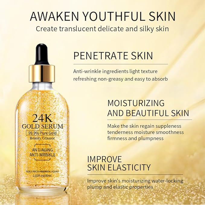 Serum with 24K Gold and Niacinamide, Hydrating and Anti-Aging Essence, 1.01 Fl Oz (Pack of 1)